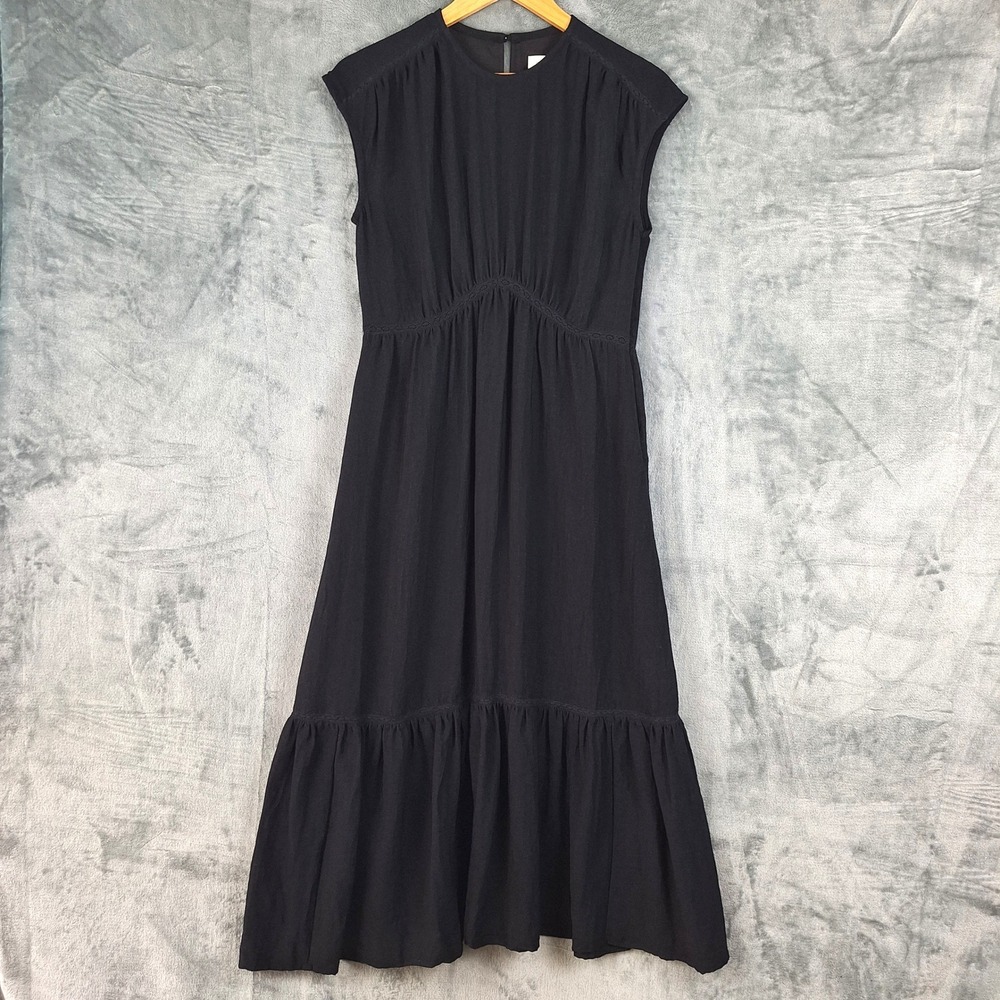 Womens Dress Small Black Tiered Midi Lace Inset Ruffle Hem Dark Boho Whimsigoth